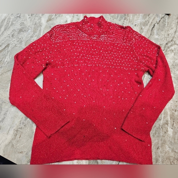 Liz Claiborne Sweaters - Red Sequin Sparkle Sweater Women’s Ribbed Metallic Knit Holiday Party Top M